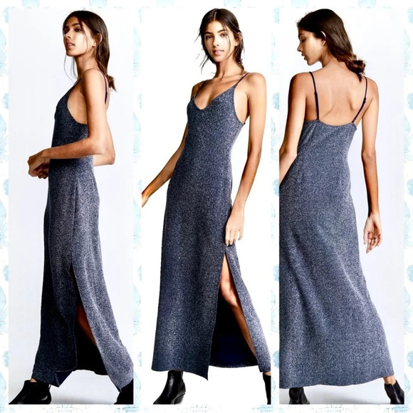 Free People Lola Maxi Slip Dress Navy Silver Glitter Romantic Fairy Festival - Picture 4 of 15